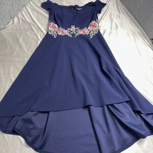 Premier Amour Navy Blue‎ Sleeveless Embroidered Floral High Low Dress Size 4